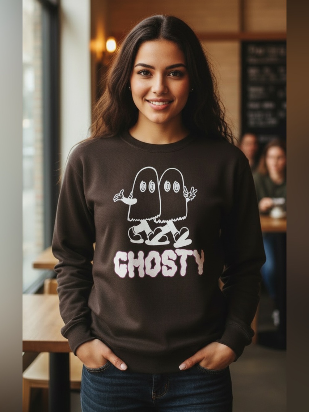 RARE LONELY GHOST Dark Brown Crew Neck Sweatshirt Size Small